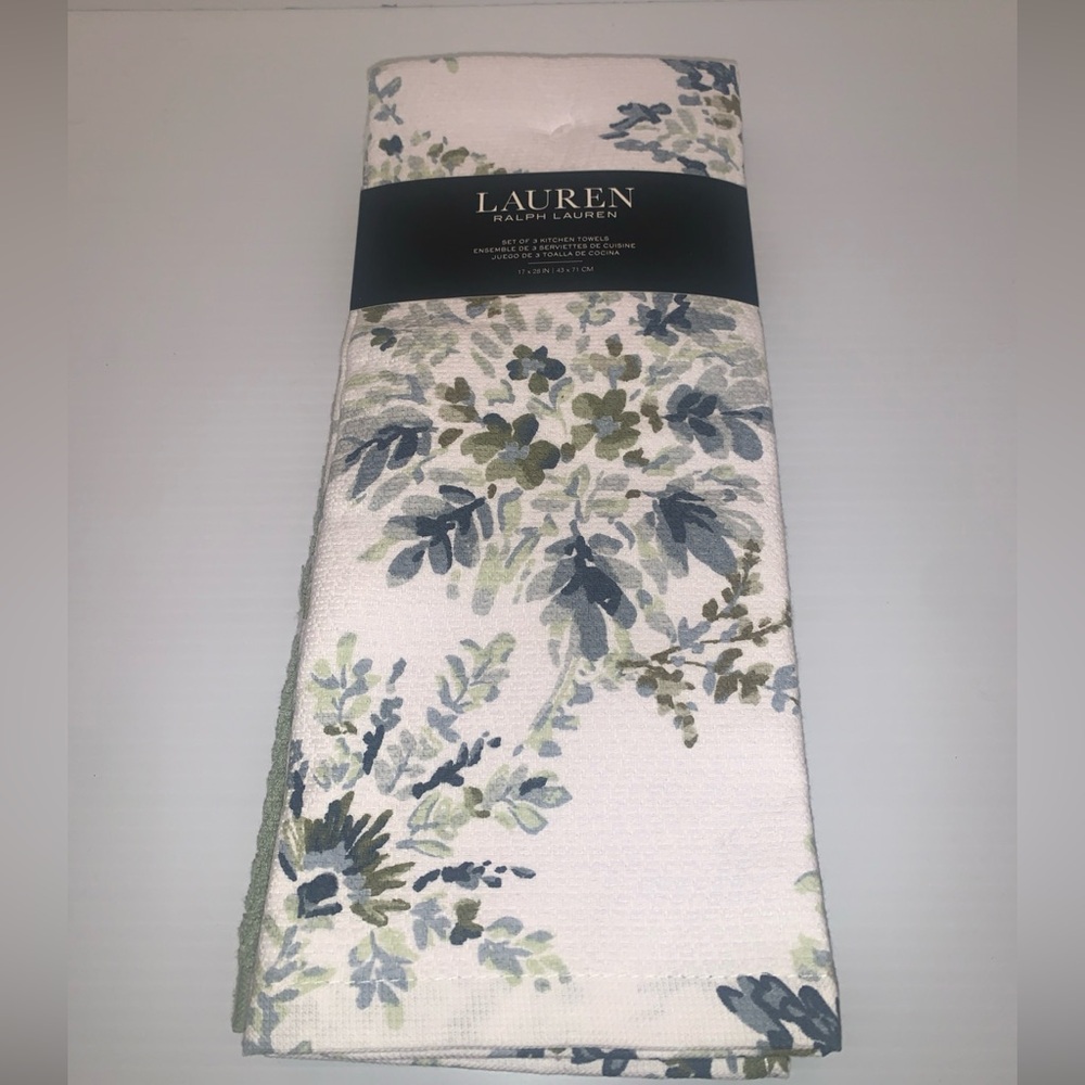 Ralph Lauren Kitchen Towel Set of 3 Two White W/Blue Flowers One Solid Green New